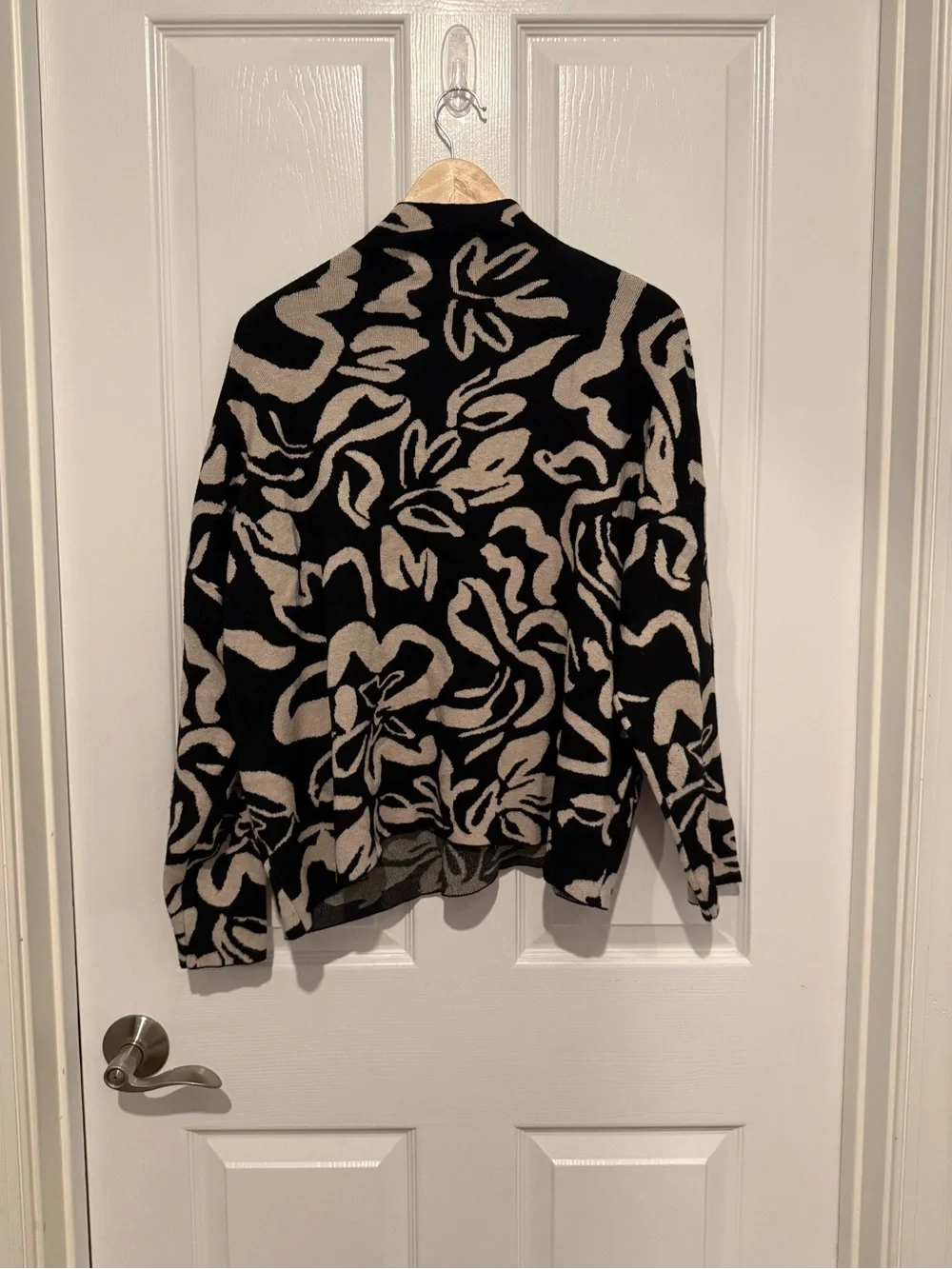 Christian Siriano Black and Cream Abstract Floral Mock Neck Sweater